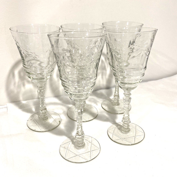 Libbey Rock Sharpe ARCTIC ROSE Goblets Water Glasses Set of 5 Clear etch crystal - Picture 3 of 12